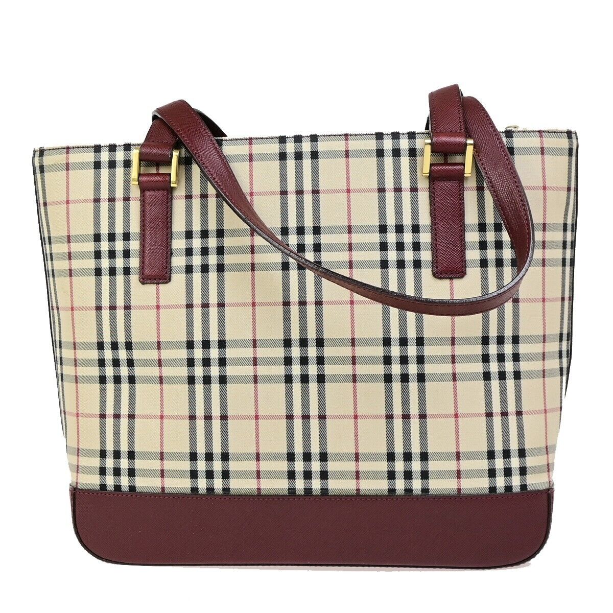 BURBERRY Logo Hand Bag Nova Check Canvas Leather Burgundy GHW 83RK727
