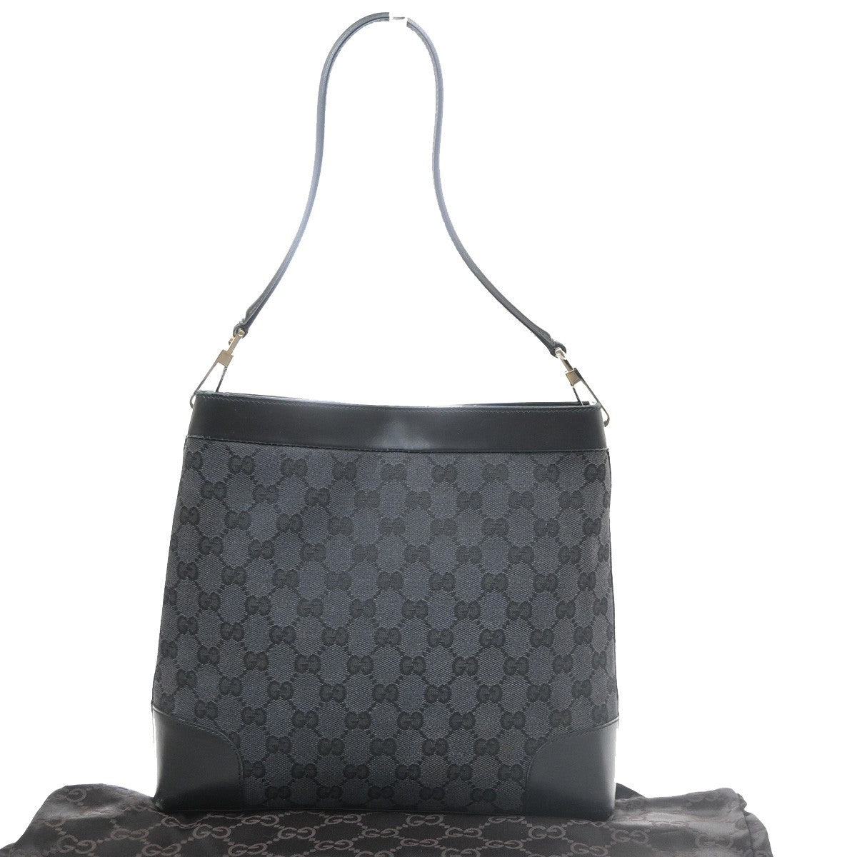 GUCCI Logo GG Pattern Shoulder Tote Bag Canvas Leather Black SHW Italy 63SA161