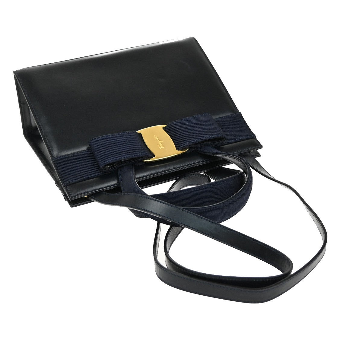 SALVATORE FERRAGAMO Vara Hand Bag Canvas Leather Navy Blue GHW Italy 37KA785