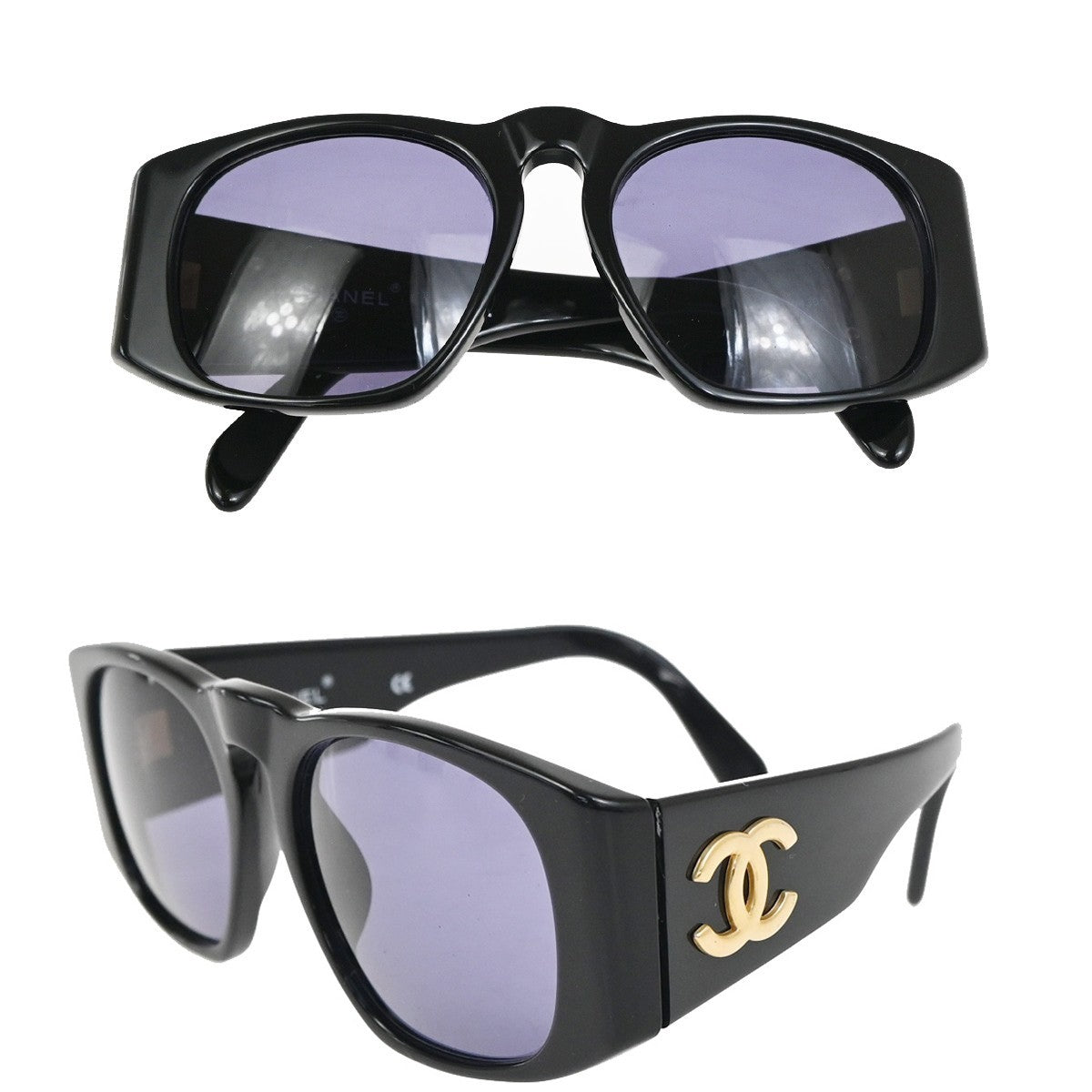 CHANEL CC Logo Sunglasses Eye Wear Plastic Black Gold Italy 01451 63RL896