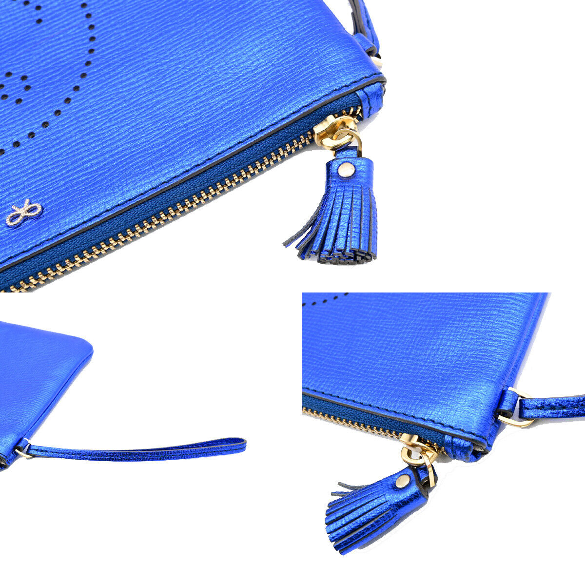 ANYA HINDMARCH Logo Smiley Wink Tassel Clutch Hand Bag Leather Blue 01KA261