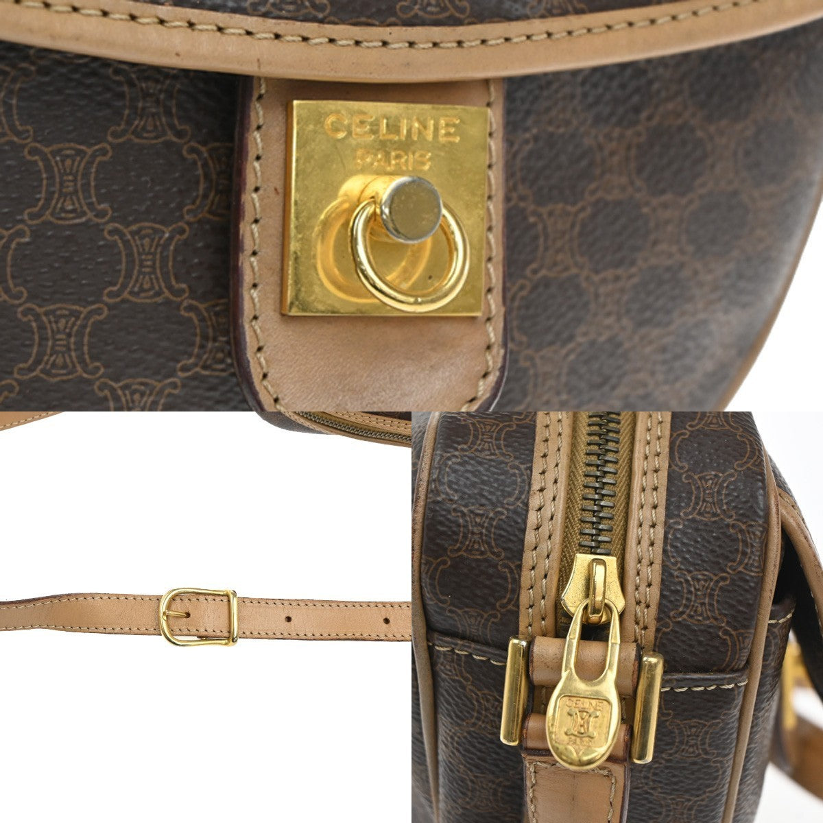 CELINE Logo Macadam Pattern Shoulder Bag PVC Leather Brown GHW Italy 67MA399