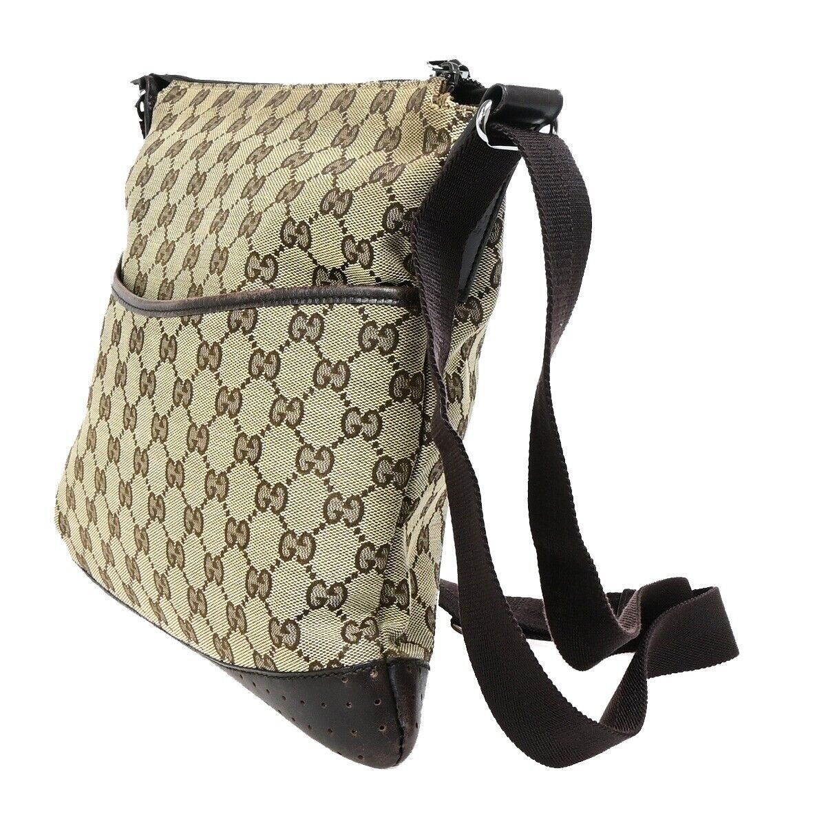 GUCCI Logo GG Pattern Shoulder Bag Canvas Leather Brown Gold Italy 67FA740