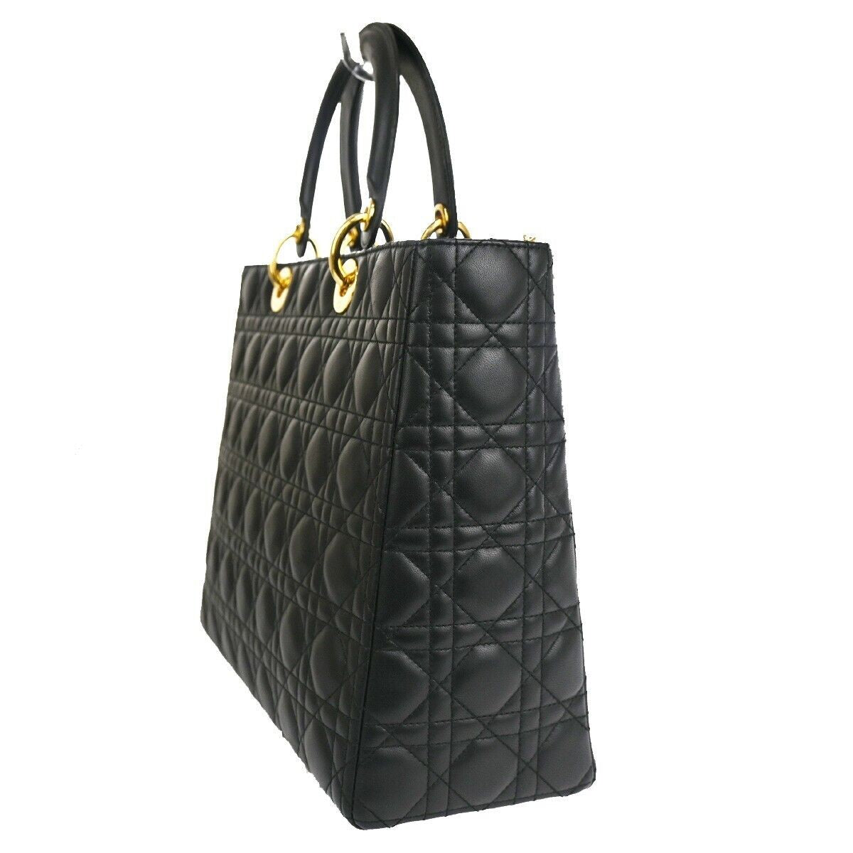 CHRISTIAN DIOR Lady Cannage Hand Tote Bag Leather Black Gold Italy 650RC585