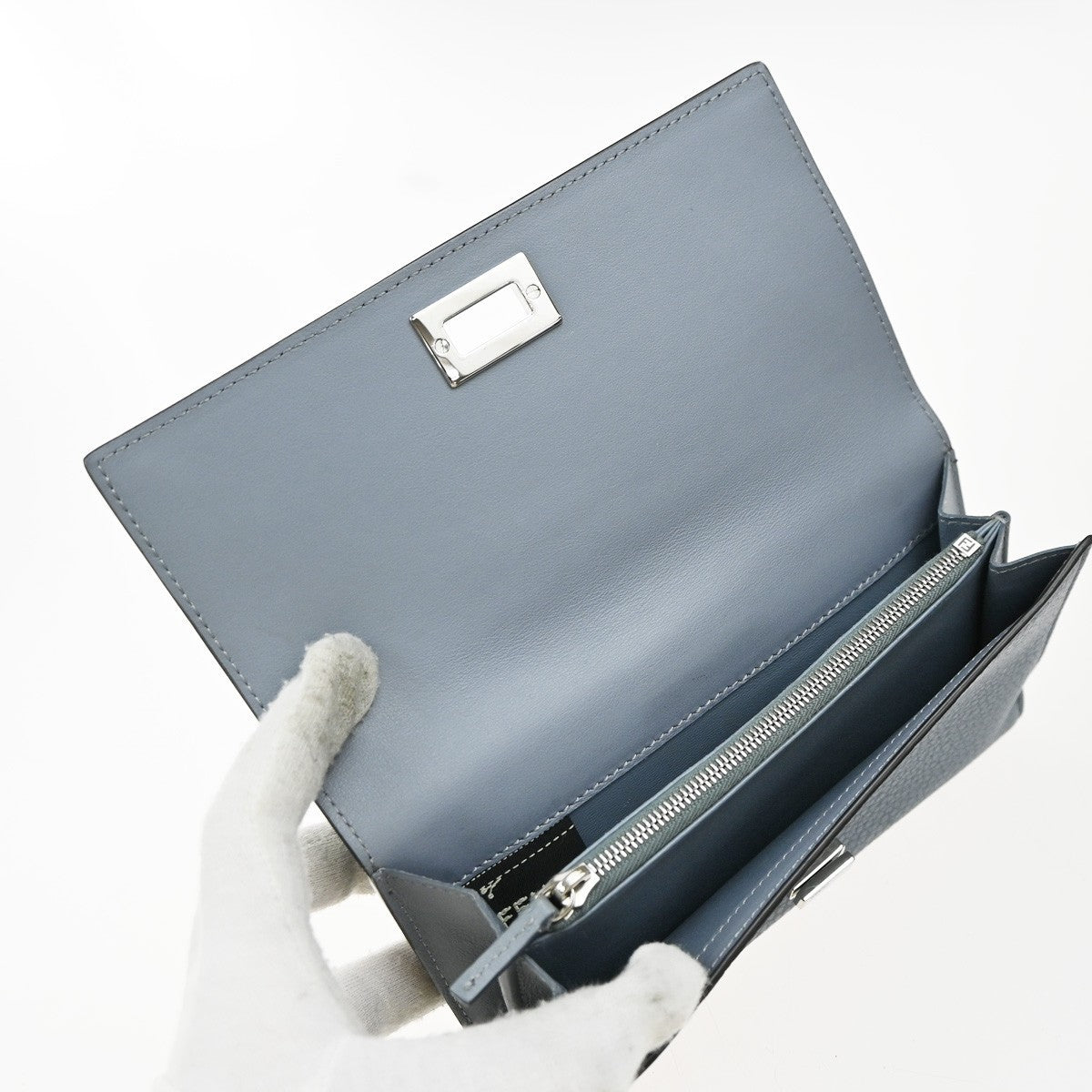 FENDI Logo Peekaboo Long Bifold Wallet Leather Blue SHW Italy 30RP099