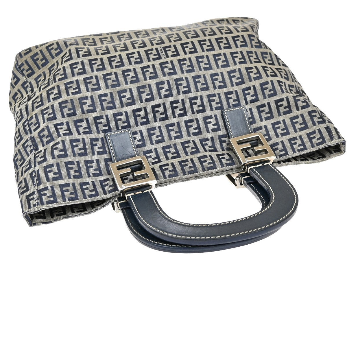 FENDI Logo Zucca Pattern Shoulder Bag Canvas Leather Navy Blue Italy 85EF815