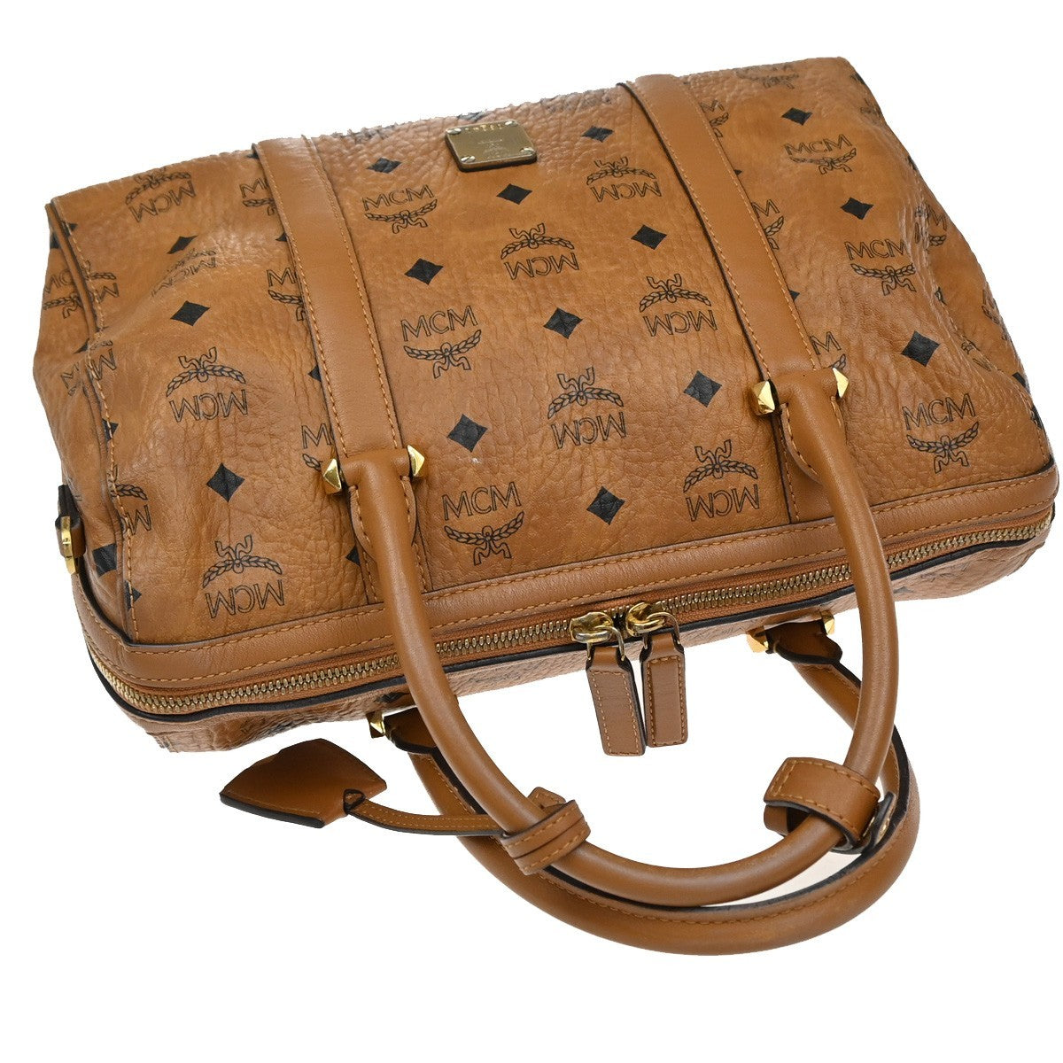 MCM Logo Travel Hand Bag Leather Brown Gold Plated 61EG132
