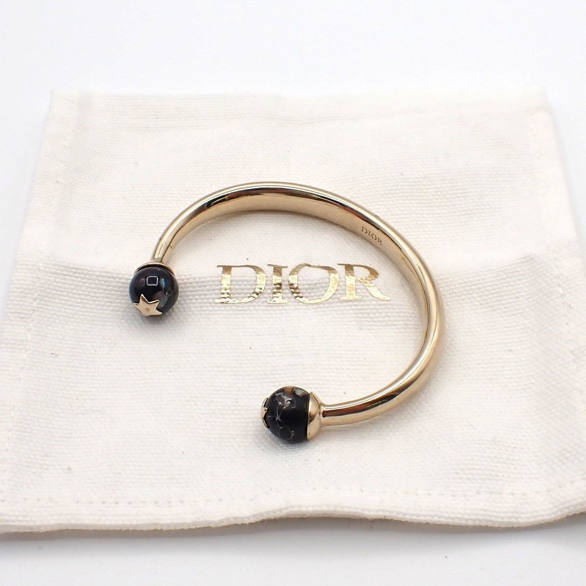 CHRISTIAN DIOR Logo Sphere Bangle Size S Black Enamel Gold 05KP448