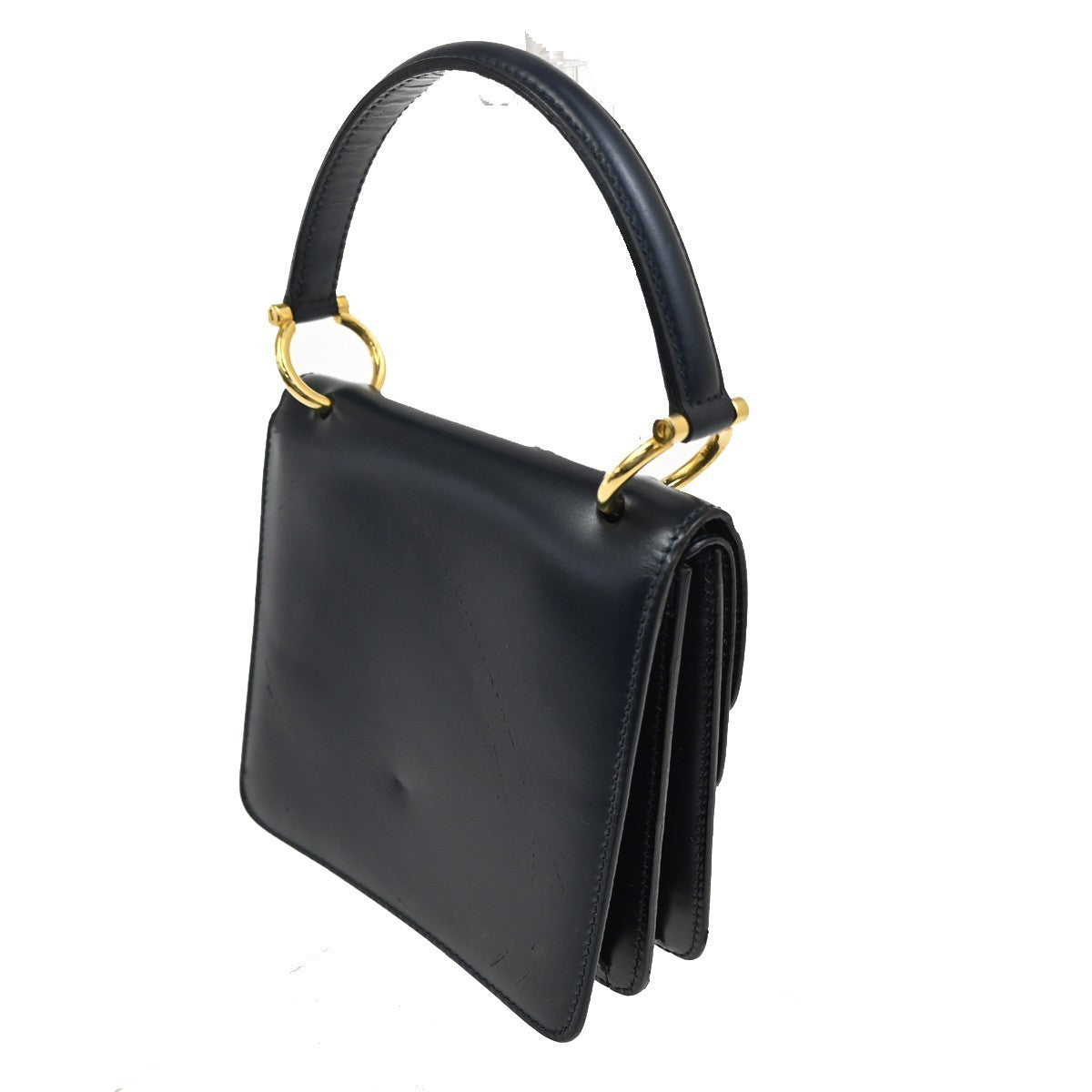 CELINE Logo Gancini Top Handle Hand Bag Leather Navy Blue Gold Italy 38TA361