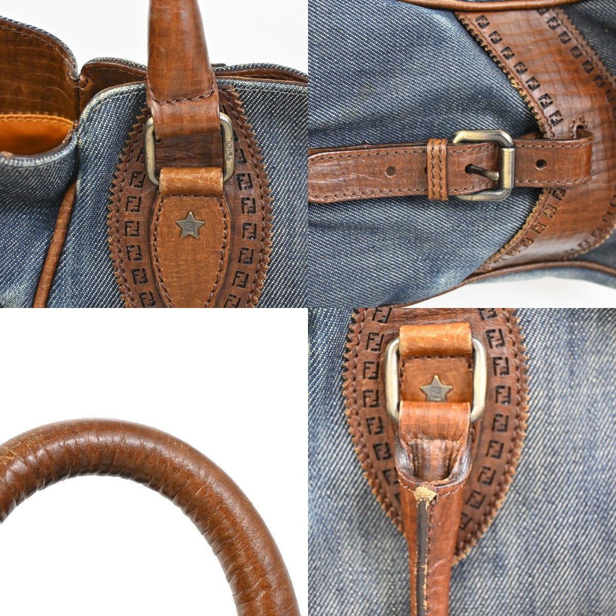 FENDI Logo Etnico Shoulder Hand Bag Denim Leather Blue Brown GHW Italy 87ZA254