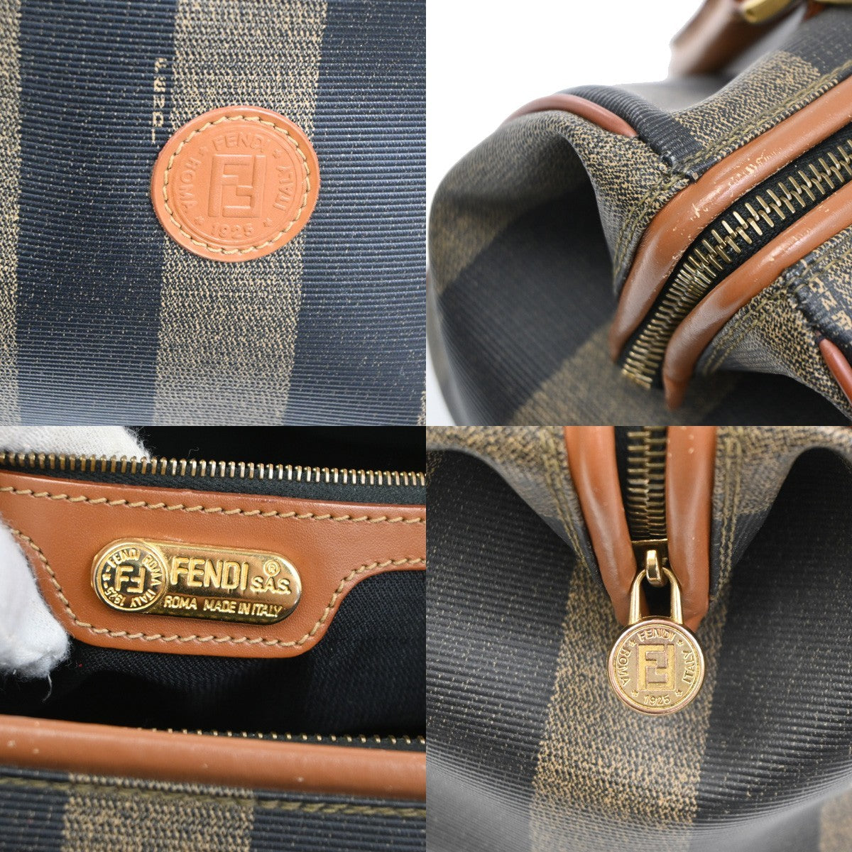 FENDI Logo Pequin Mini Hand Bag PVC Leather Brown GHW Made in Italy 34RF807