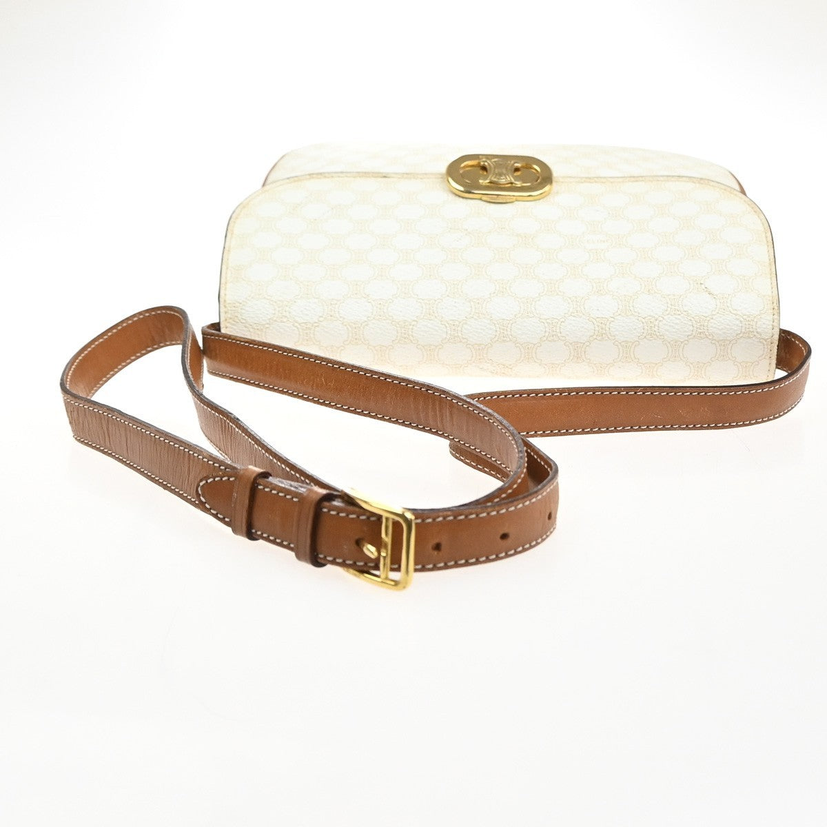 CELINE Macadam Pattern Crossbody Shoulder Bag PVC Leather White Brown  87KC778