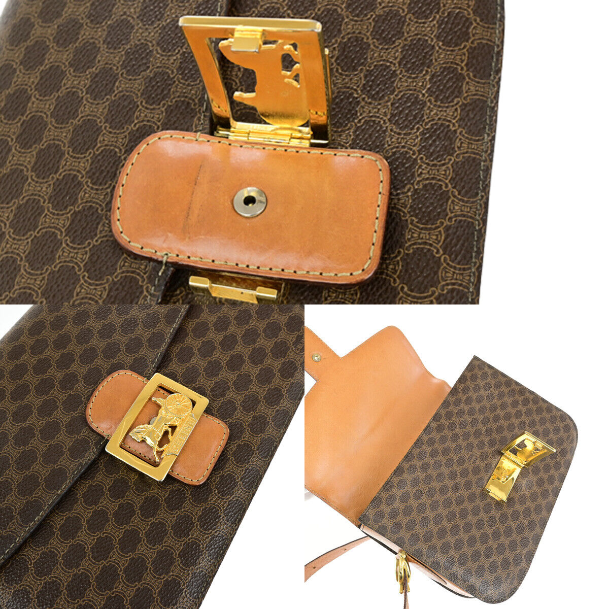 CELINE Macadam Pattern Horse Carriage Shoulder Bag PVC Leather Brown GHW 98YG603