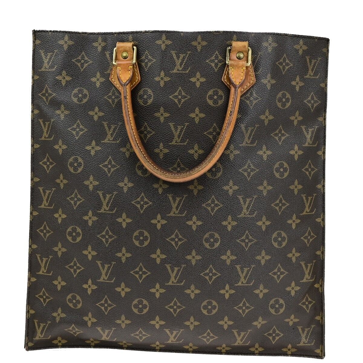 LOUIS VUITTON Logo Sac Plat Hand Tote Bag Monogram Leather Brown M51140 35ED420