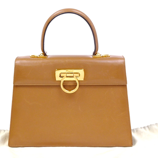 Salvatore Ferragamo Gancini Top Handle Bag Leather Brown GHW Italy 61CA782