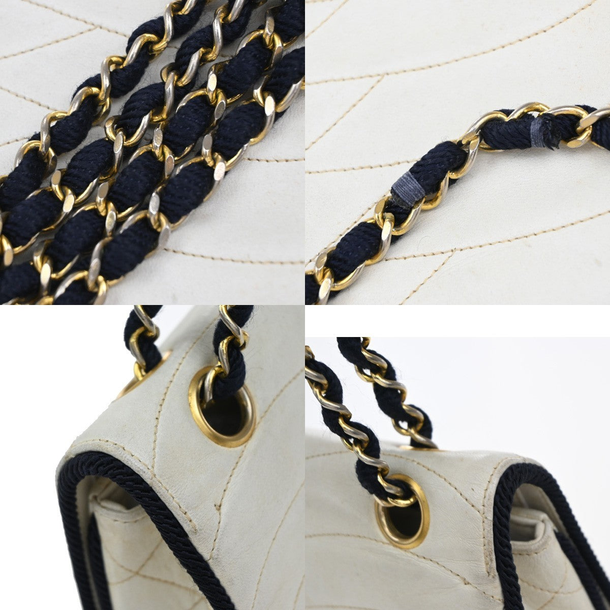 CHANEL CC Logo Wave Stitch Chain Shoulder Bag Leather White Vintage 49RF791