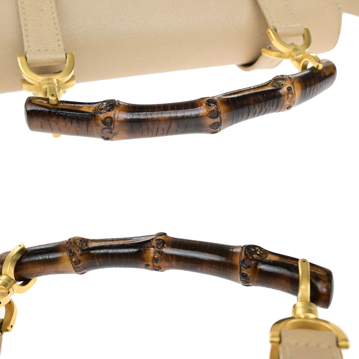 GUCCI Logo Bamboo 2Way Shoulder Hand Bag Leather Beige GHW Italy 95YG616