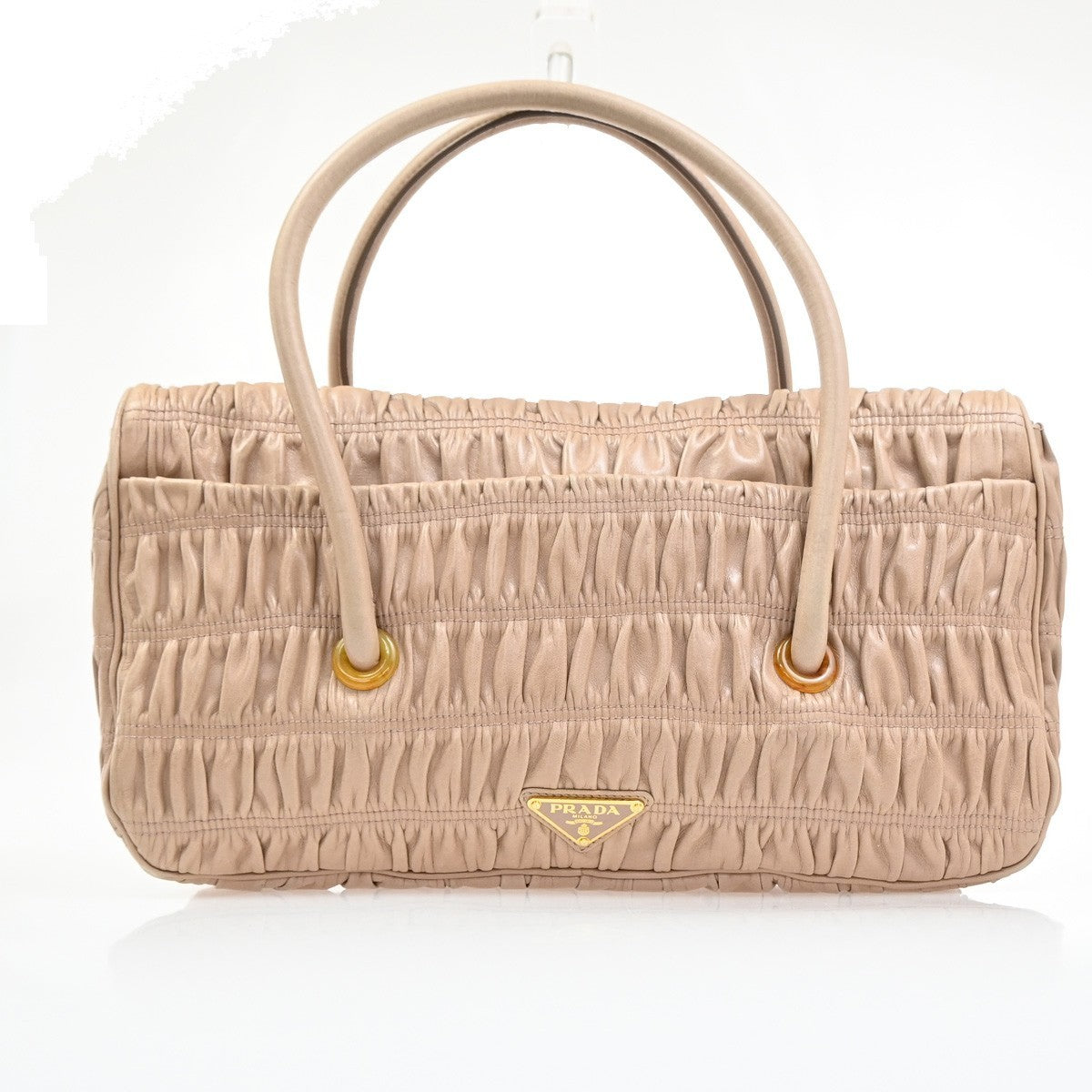 PRADA Logo Flap Shoulder Hand Bag Gathered Nappa Leather Beige Italy 70MA395