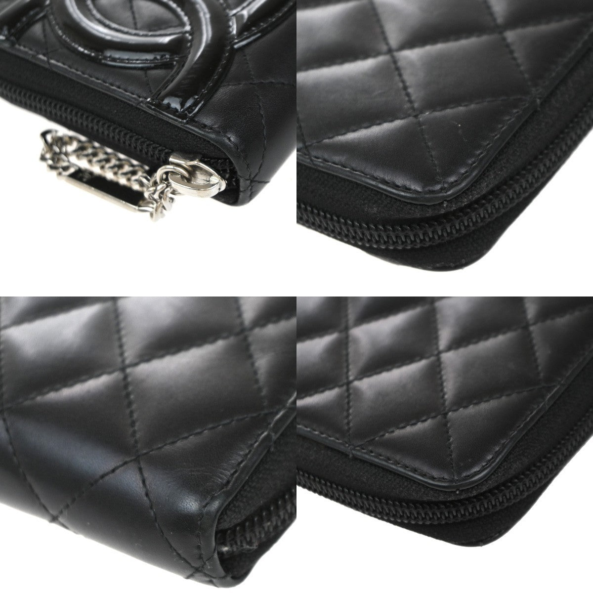 CHANEL CC Cambon Long Zipper Bifold Wallet Patent Leather Black SHW 13RF962