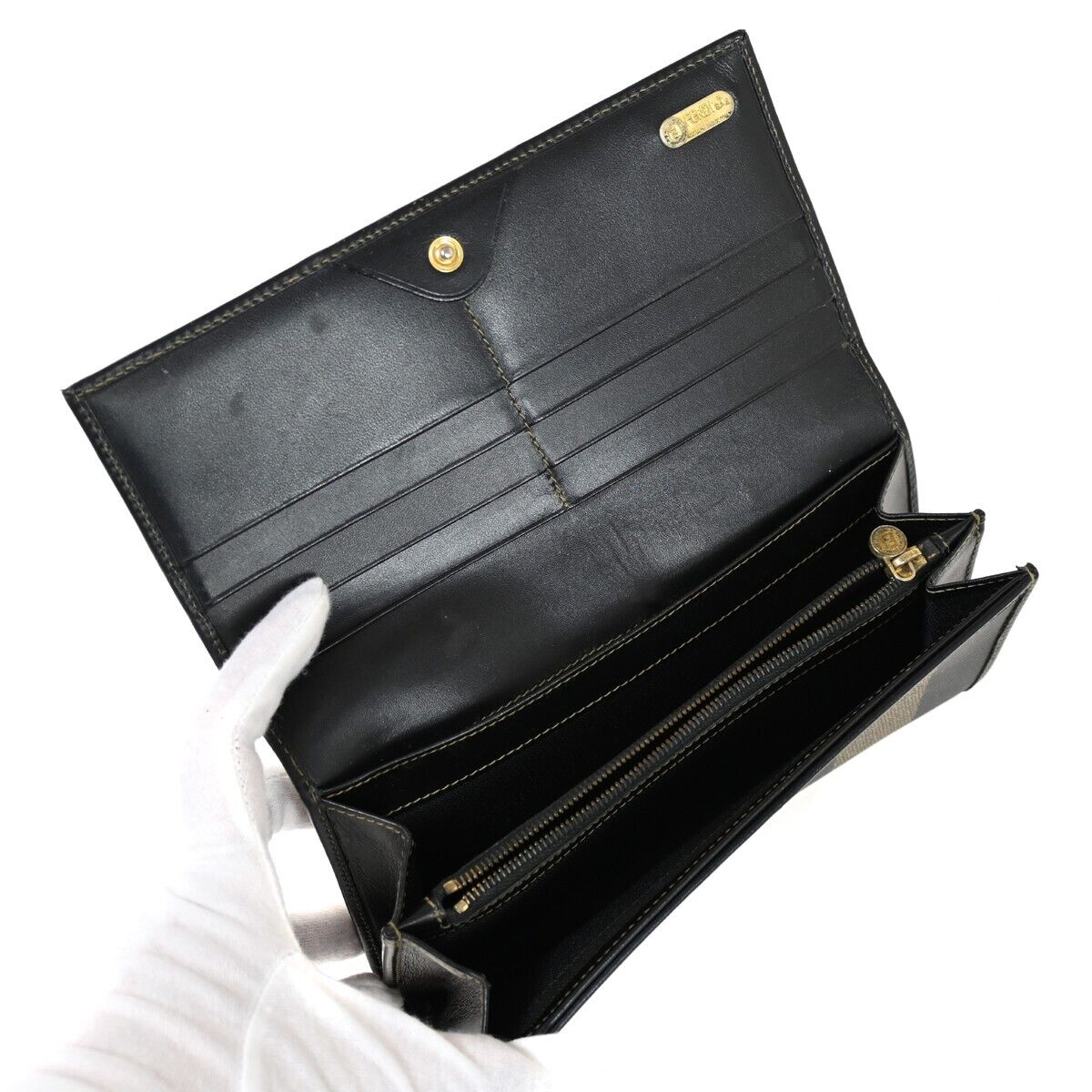FENDI Logo Pequin Bifold Long Wallet Purse PVC Leather Brown Black Italy 04RH855