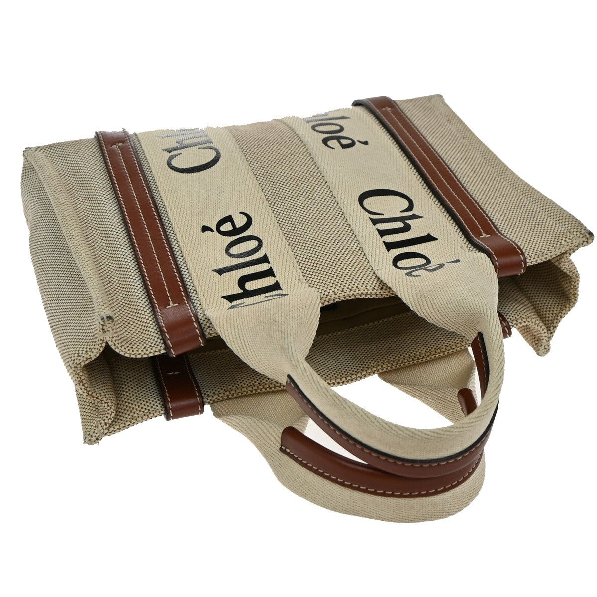 CHLOE Logo Woody Small Hand Tote Bag 100% Cotton Leathr Beige Italy 30KP573