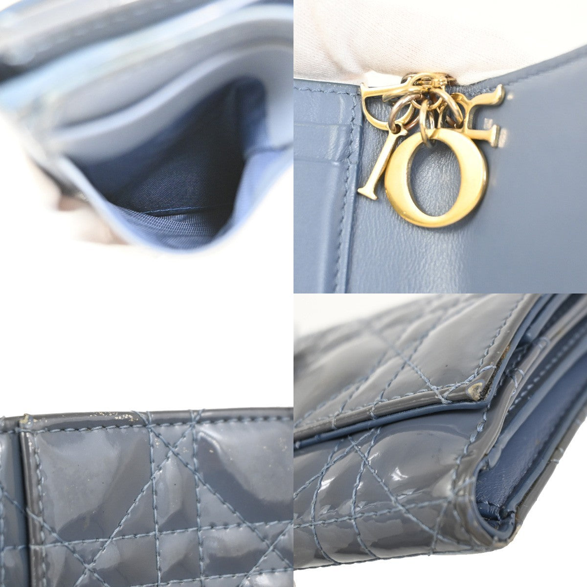 CHRISTIAN DIOR Cannage Mini Lady Dior Wallet Patent Leather Blue GHW 02KD081