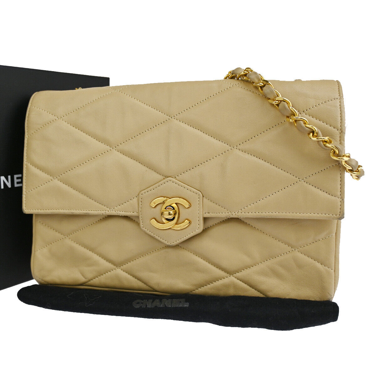 CHANEL CC Matelasse 23 Chain Shoulder Bag Leather Beige GHW Vintage 695RJ532