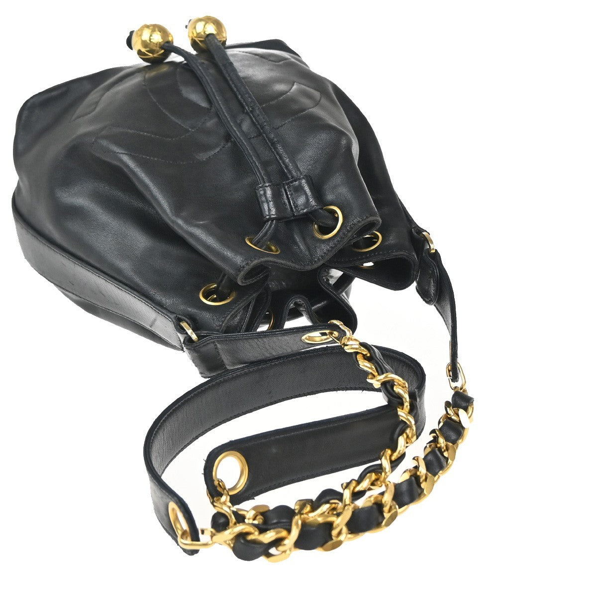 CHANEL CC Logo Drawstring Mini Chain Shoulder Bag Leather Black Vintage 40RP062