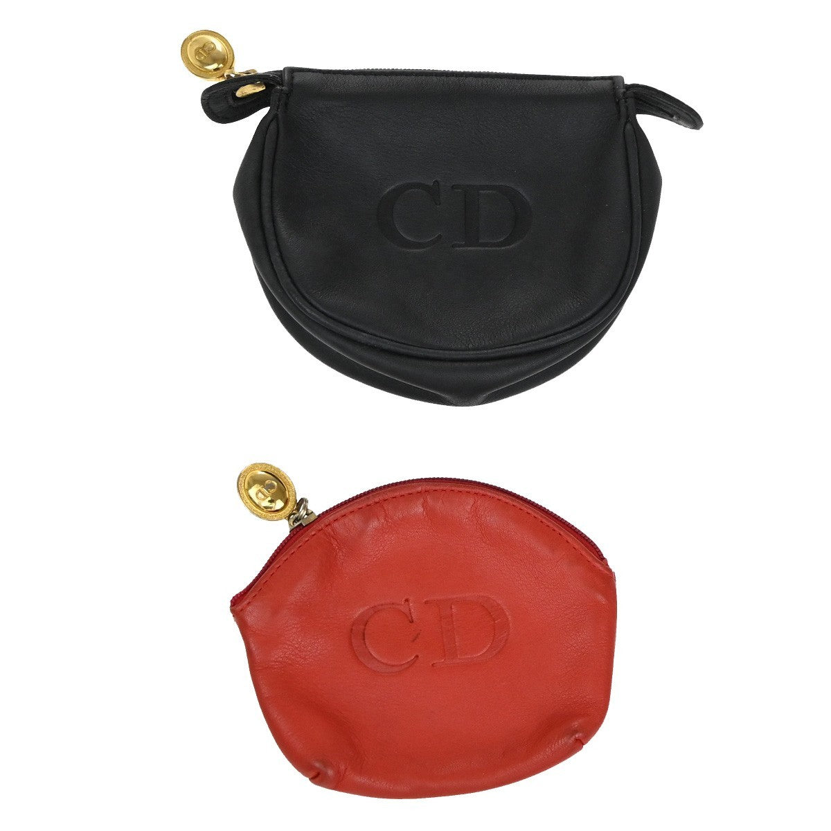 CHRISTIAN DIOR Logo 2 set Coin Case Wallet Leather Red Black GHW Italy 05EG142