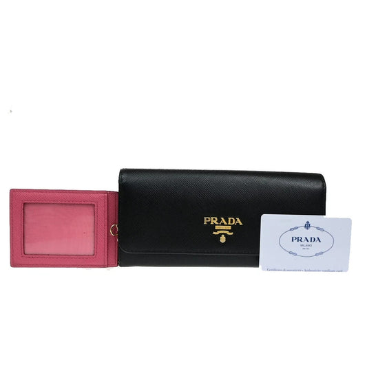 PRADA Logo Saffiano Multic Long Bifold Wallet Leather Black Pink GHW 37YH058