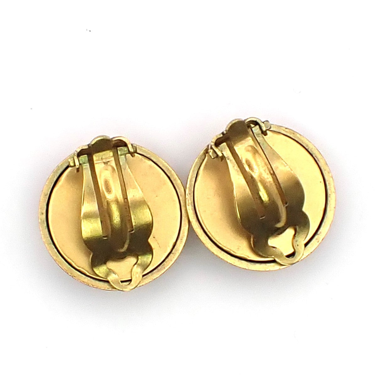 CHANEL CC Logo Round Button Earrings Clip-On 95P Gold Black GHW Vintage 83RF994