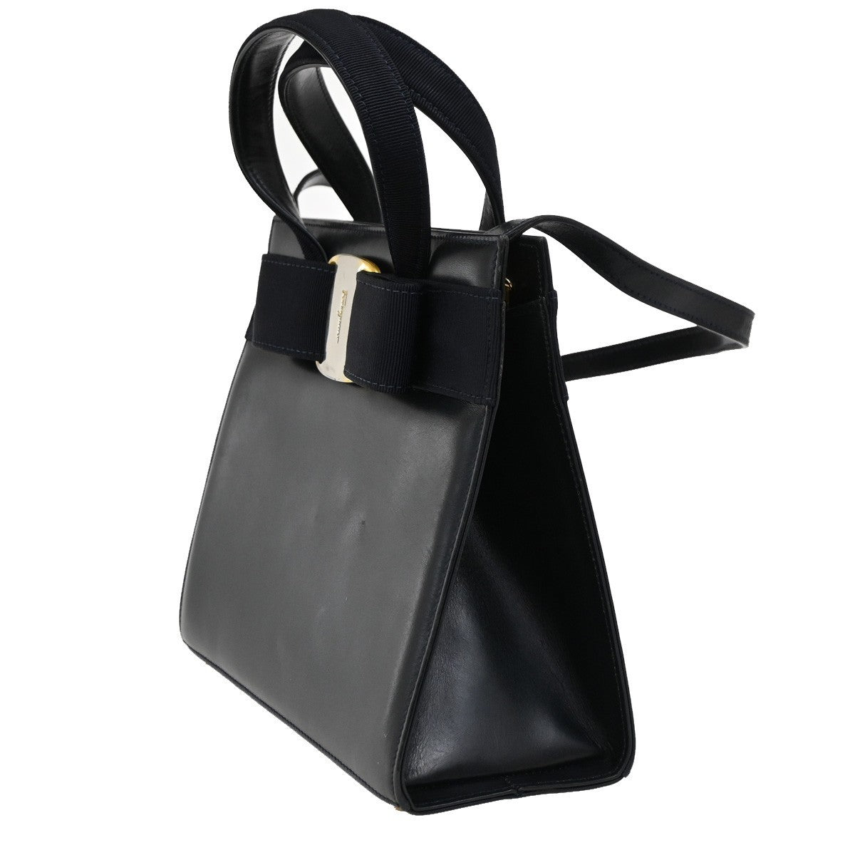 SALVATORE FERRAGAMO Vara Bow 2Way Handbag Canvas Leather Blue GHW Italy 36KB992
