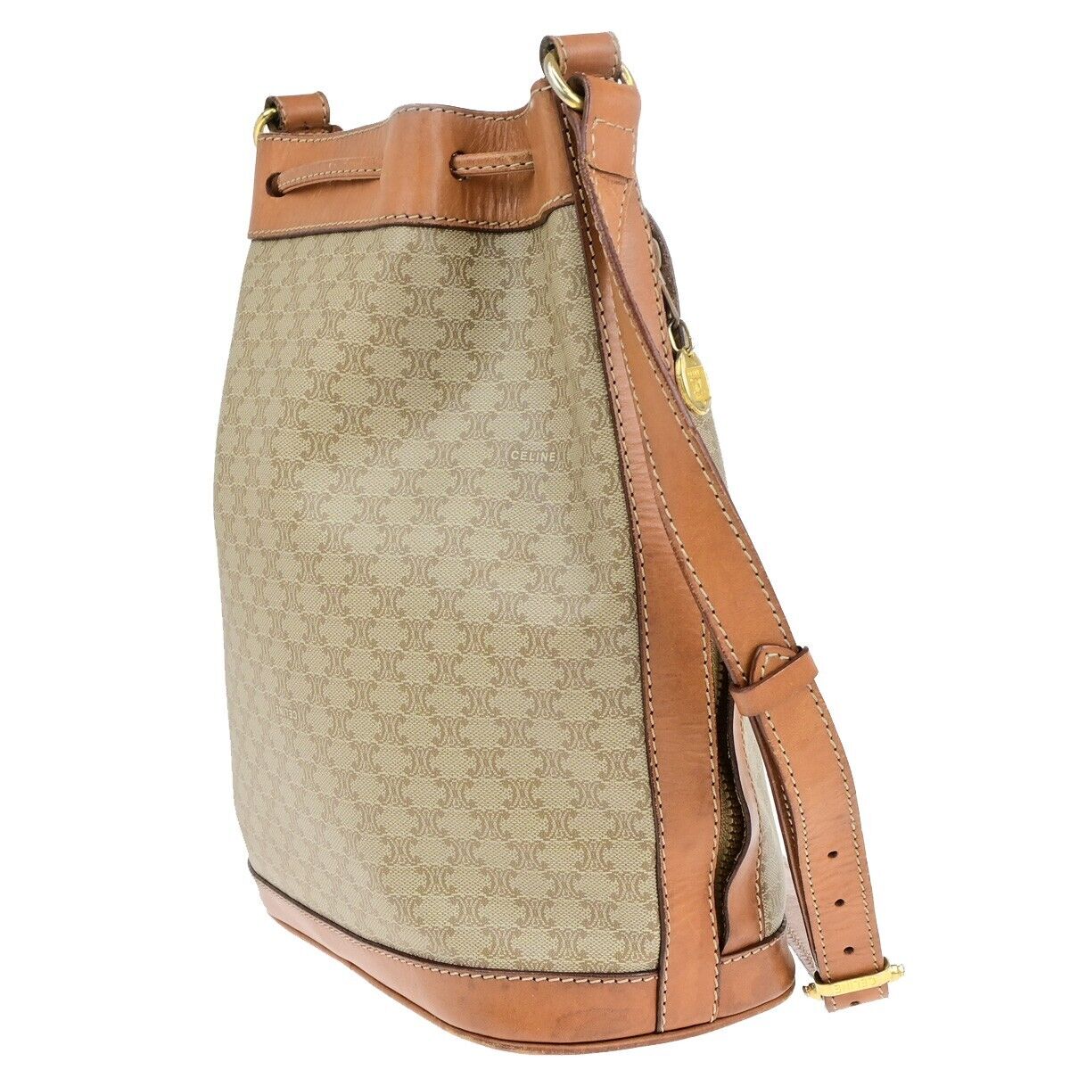 CELINE Logo Macadam Pattern Drawstring Shoulder Bag PVC Leather BN GHW 05ED368