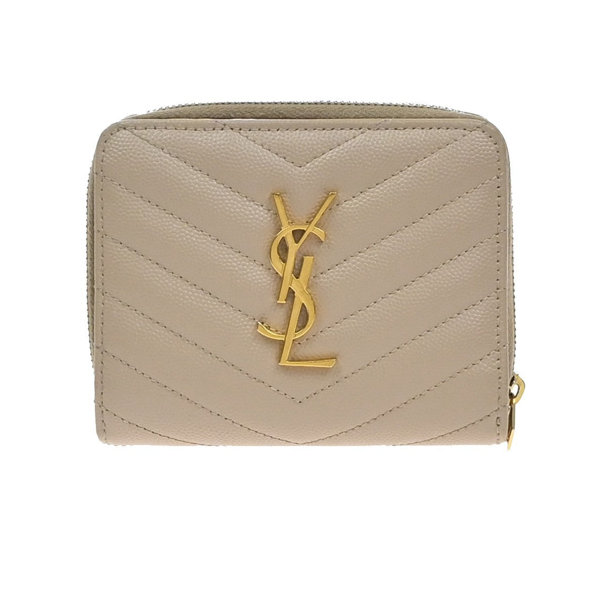 SAINT LAURENT YSL Logo Compact Bifold Wallet Leather Beige GHW Italy 38KB109
