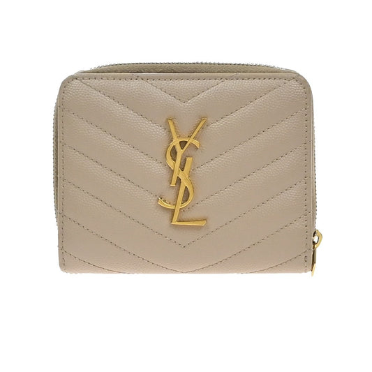 SAINT LAURENT YSL Logo Compact Bifold Wallet Leather Beige GHW Italy 38KB109