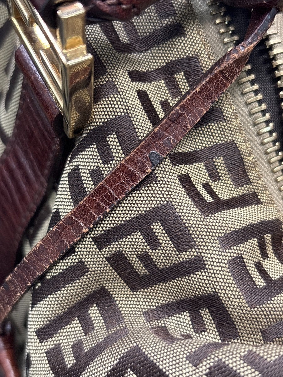 FENDI Logo Zucchino Mini Boston Hand Bag Canvas Leather Brown GHW Italy 79MA718