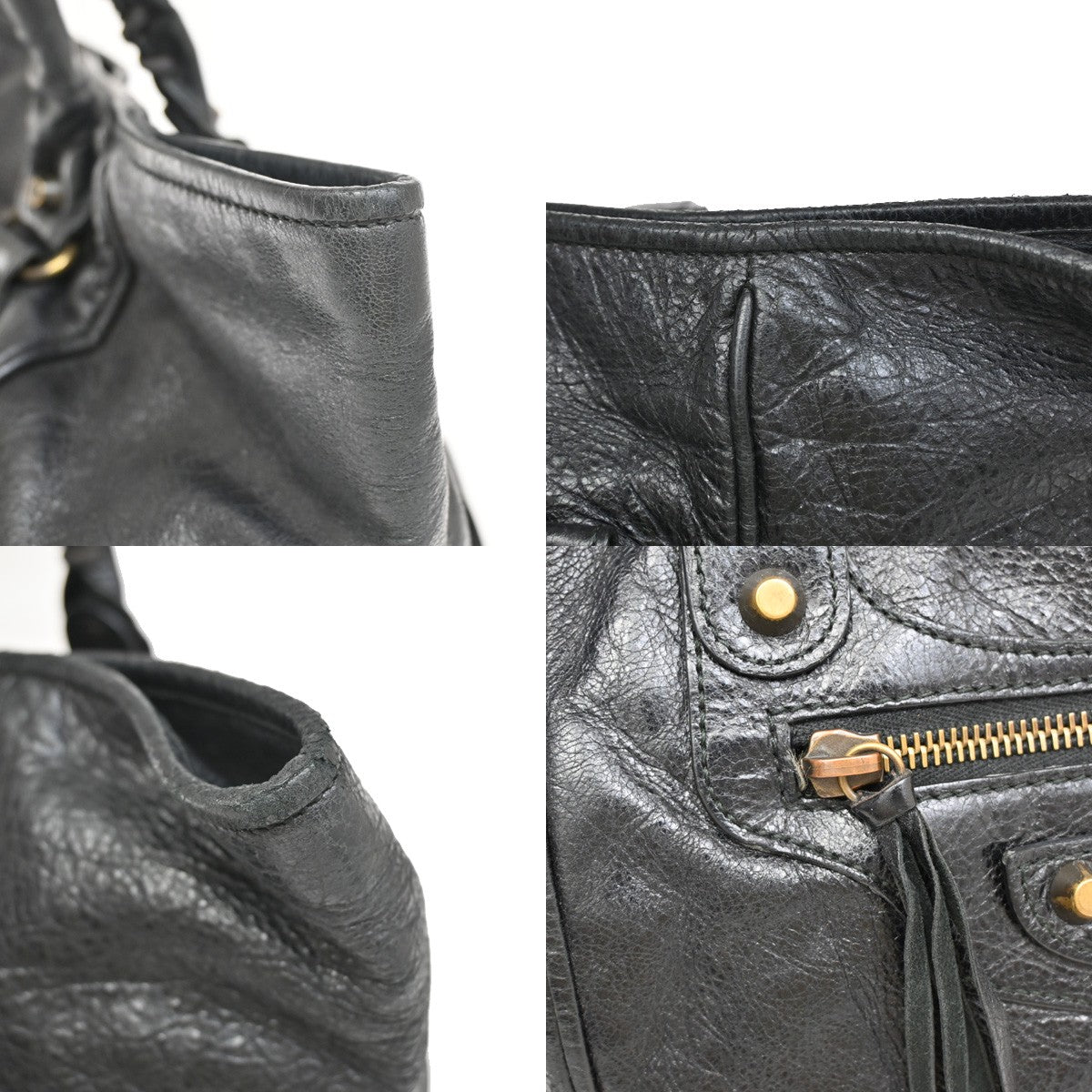 BALENCIAGA Logo The Sunday Shoulder Tote Hand Bag Leather Black Mirror 70YH628