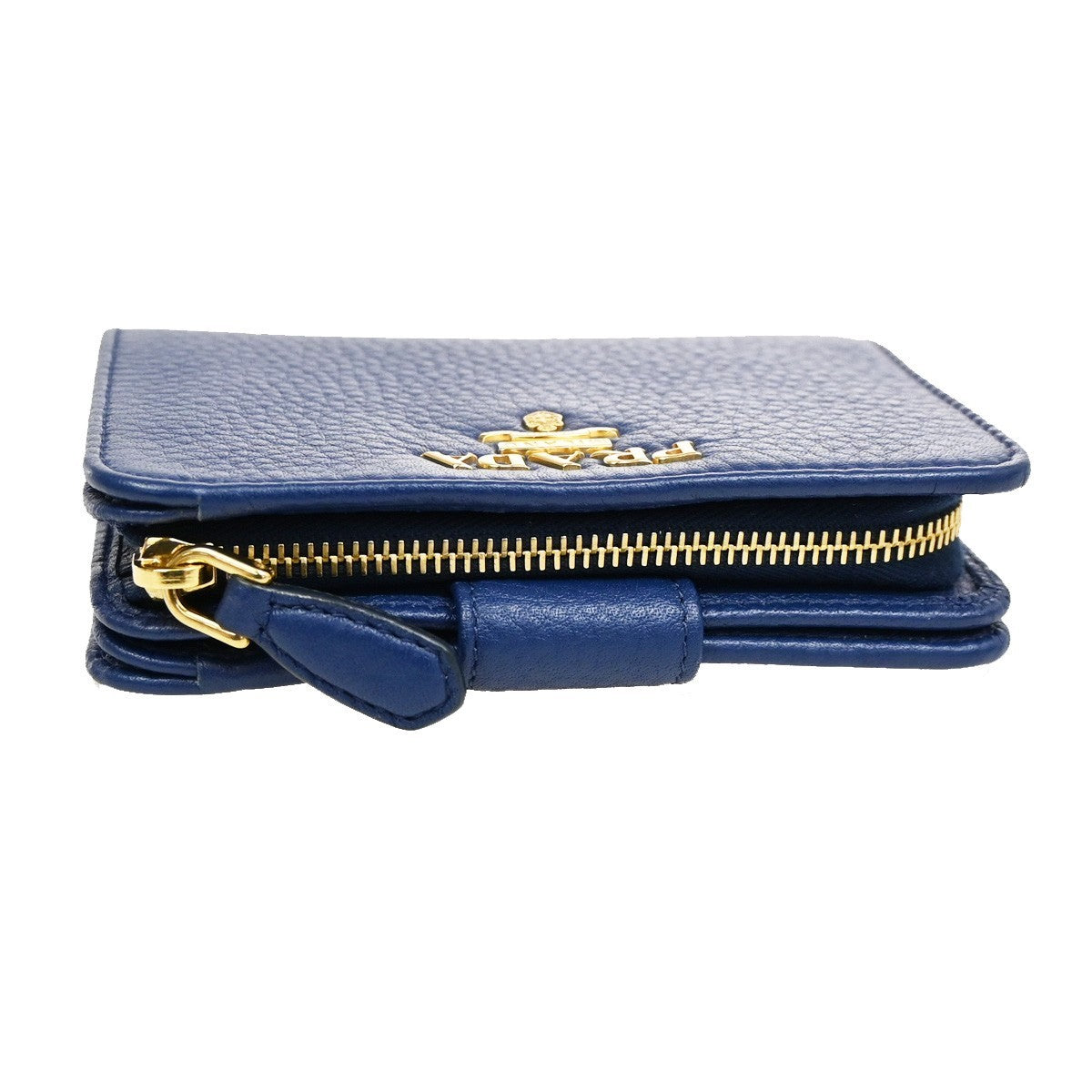 PRADA Logo Bifold Wallet Purse Vitello Leather Blue Bluette GHW Italy 88RL435