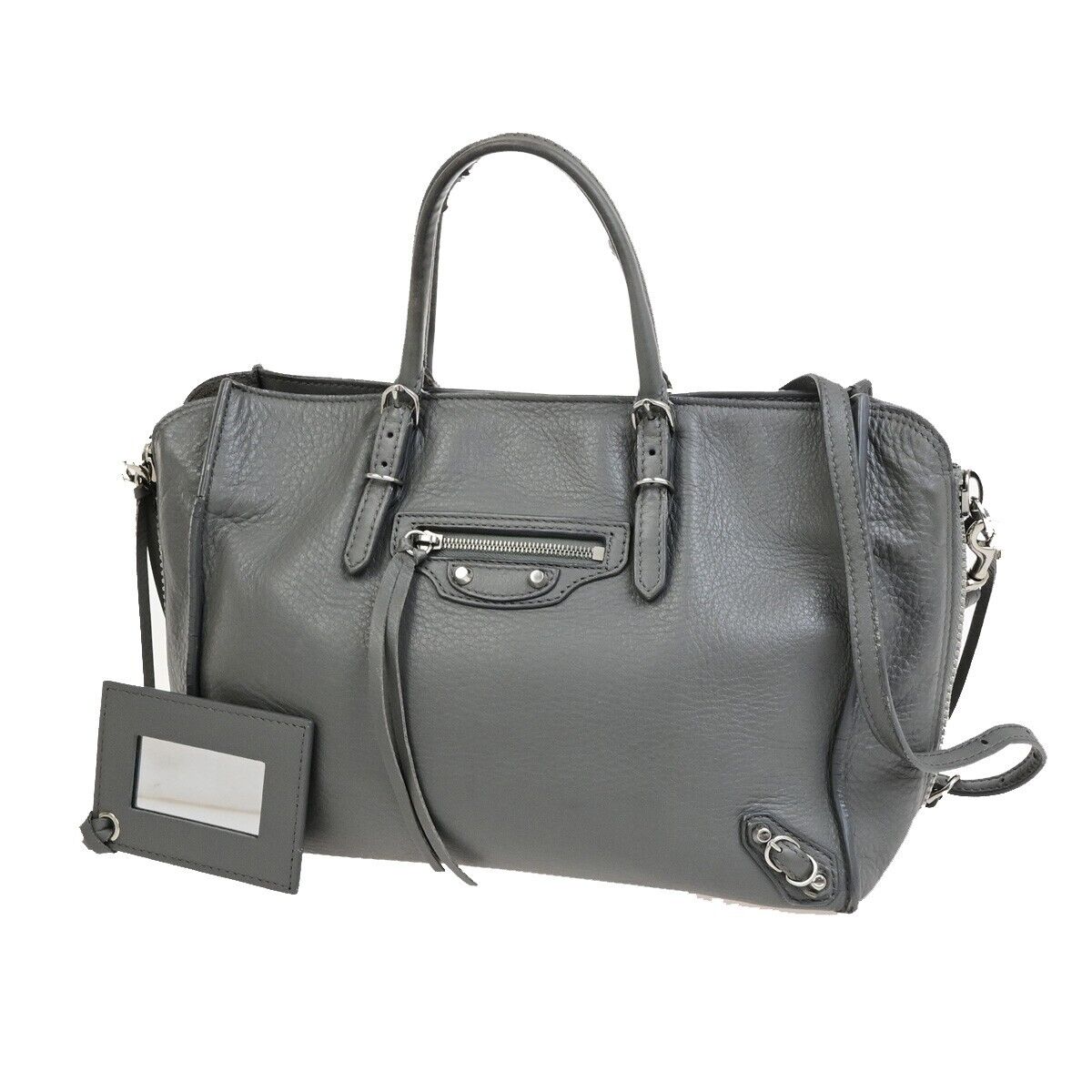 BALENCIAGA Logo Papier Mini 2Way Shoulder Hand Bag Leather Gray Italy 64ED611