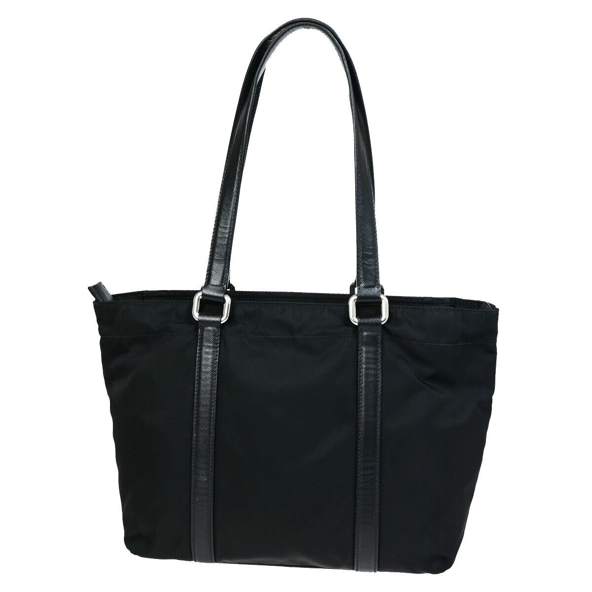 PRADA MILANO Logo Tessuto Shoulder Tote Bag Leather Nylon Black Silver 87SH931