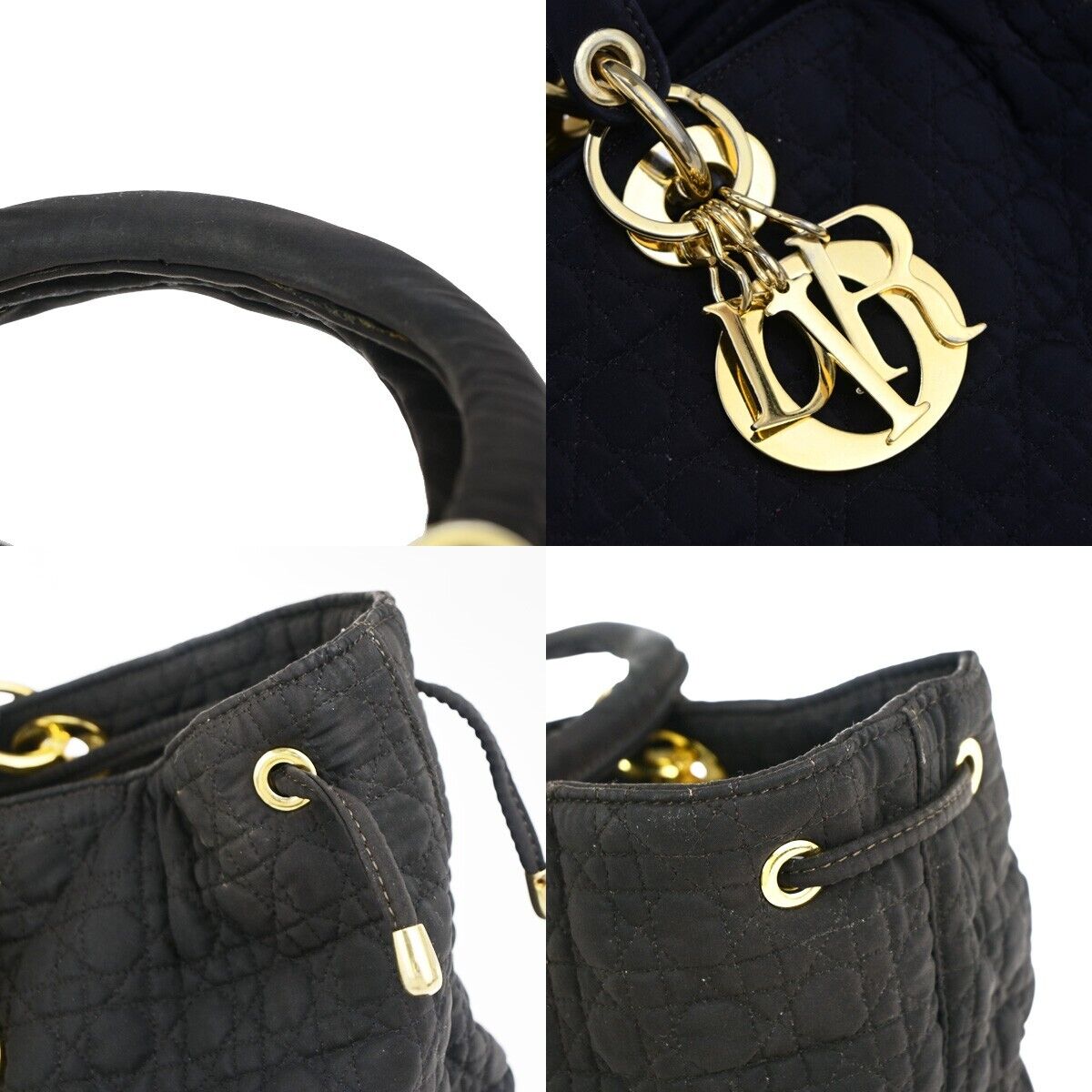 CHRISTIAN DIOR Logo Lady Cannage Hand Bag Canvas Leather Black GHW Italy 88EC943