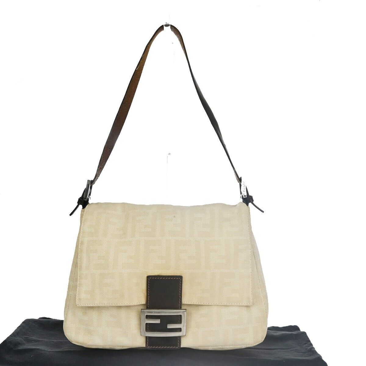 FENDI Zucca Zucchino Pattern Shoulder Bag Canvas Leather Beige  Italy 34SH041