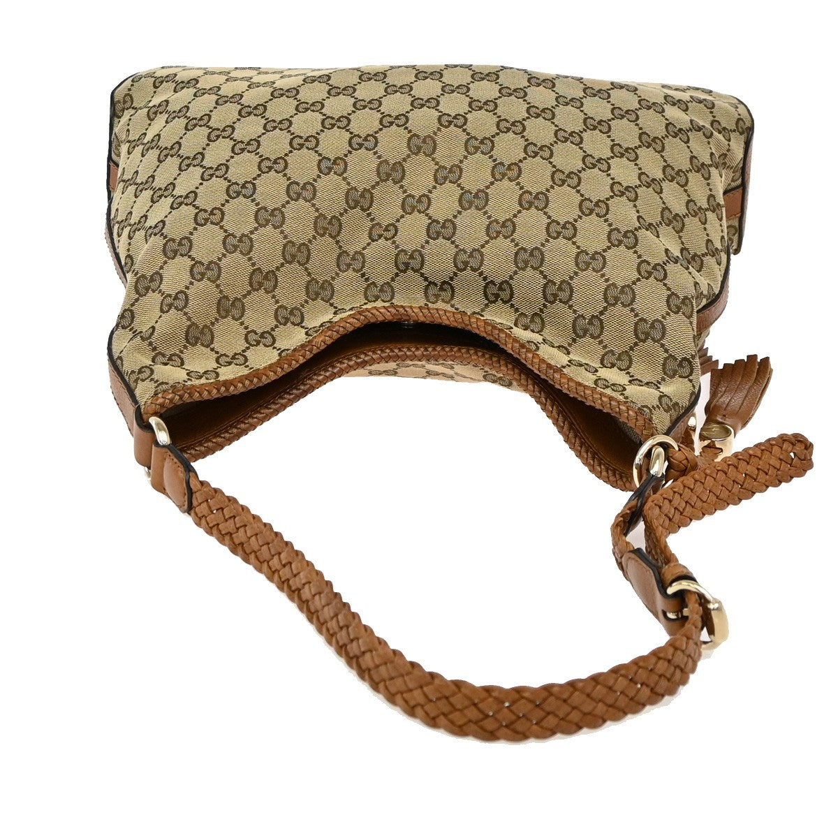 GUCCI Logo Marrakech GG Pattern Shoulder Hobo Bag Canvas Leather Brown 85YH679