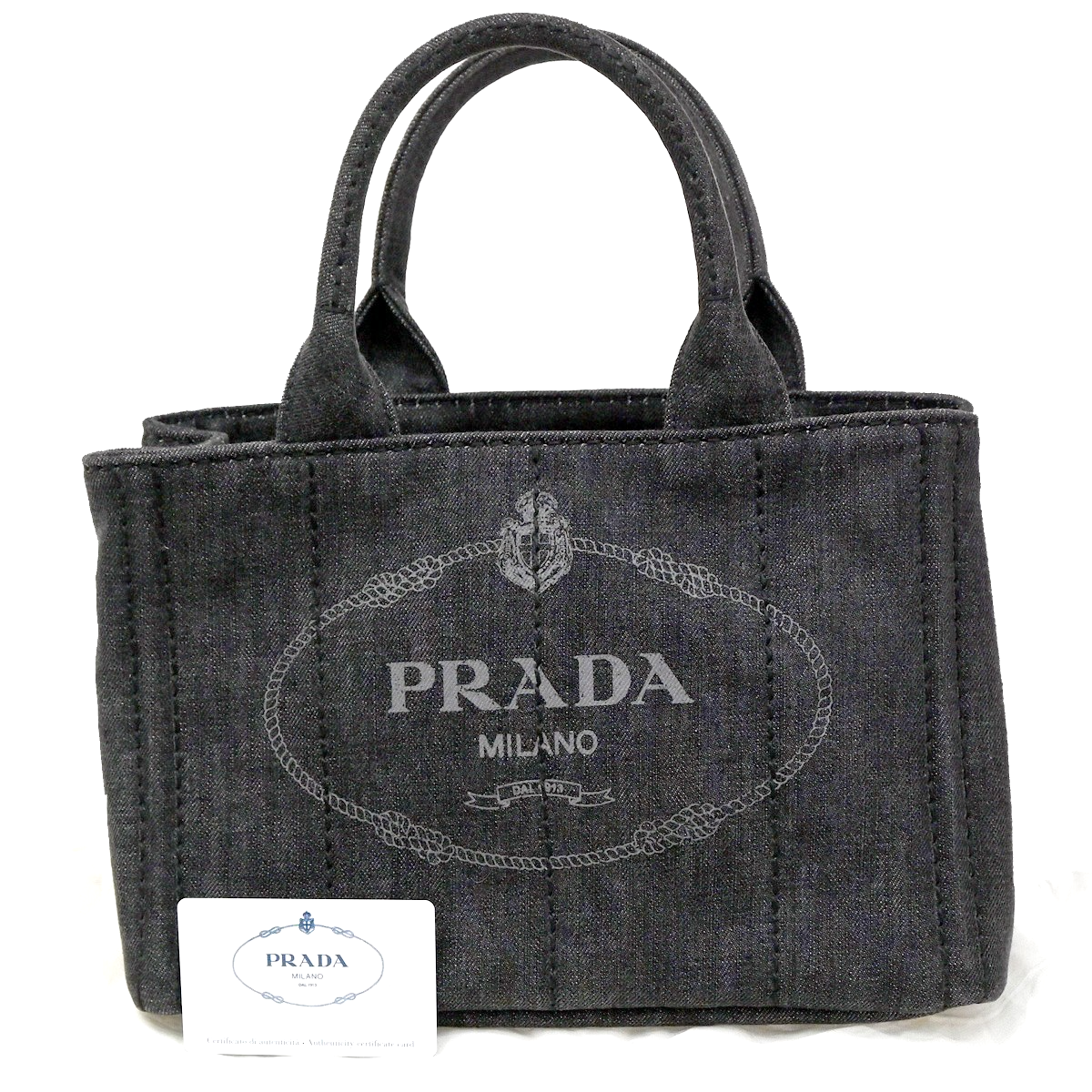 PRADA Milano Logo CANAPA Tote Hand Bag Denim Leather Black Gold Italy 73KC194