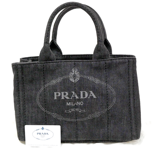 PRADA Milano Logo CANAPA Tote Hand Bag Denim Leather Black Gold Italy 73KC194
