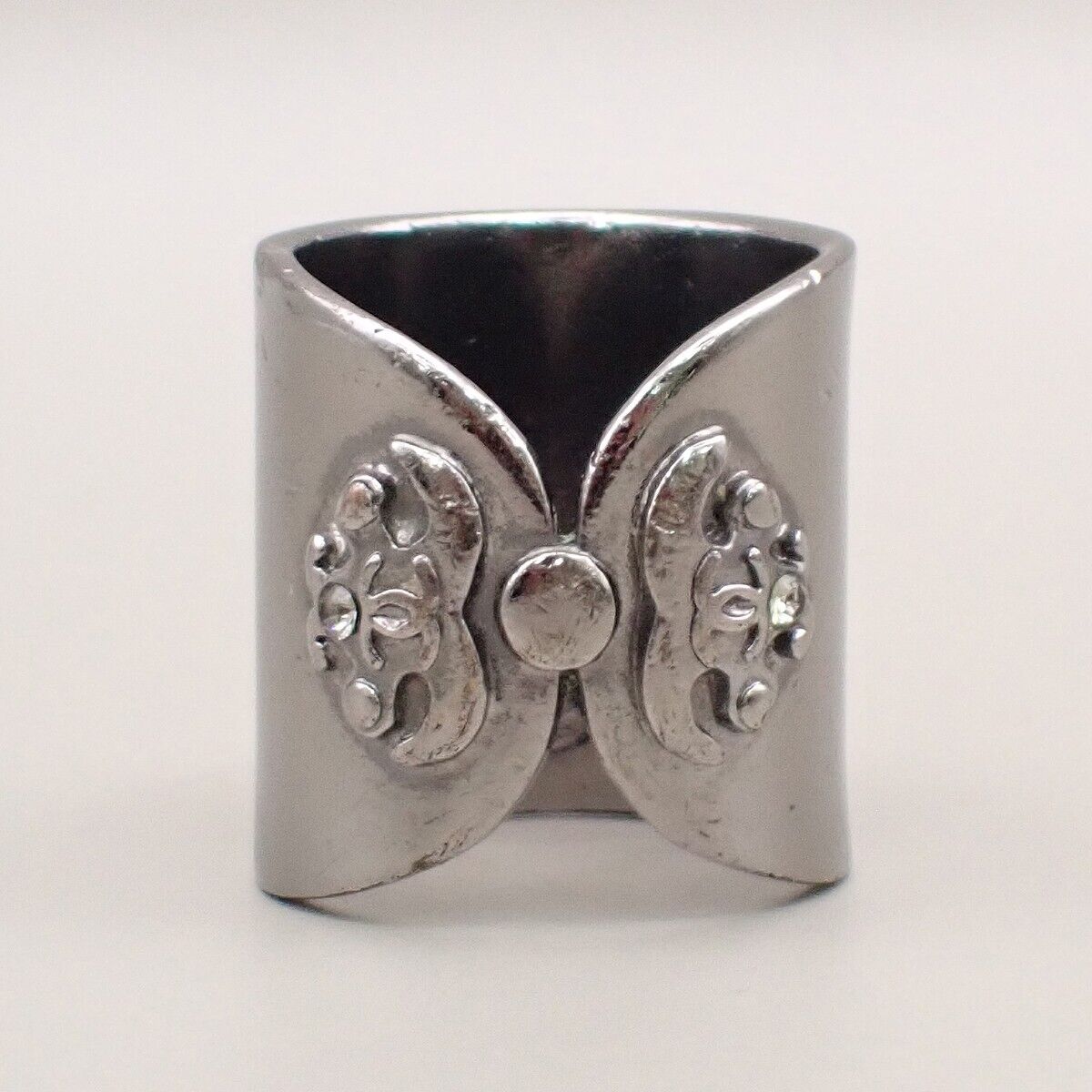 CHANEL CC Logo Rhinestone Ring 06P  Silver Plated France Accessory 34YE511