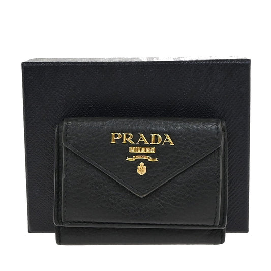 PRADA Logo Mini Compact Trifold Wallet Vitello Leather Black GHW 62KC693