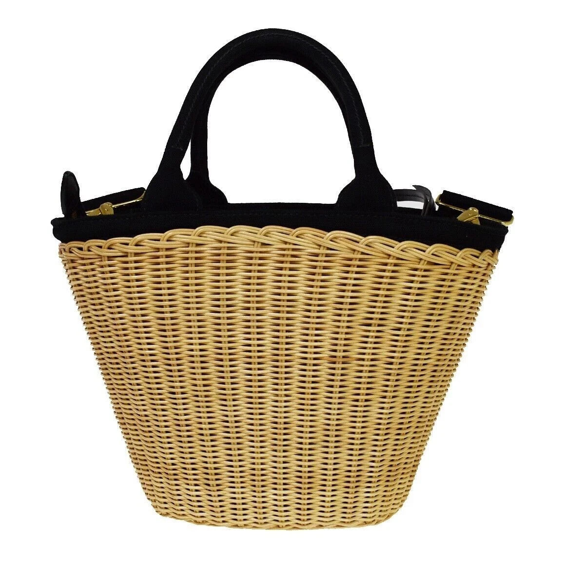 53.Live PRADA Midollino Wicker 2Way Shoulder Hand Bag Canvas Leather BK 631RH131