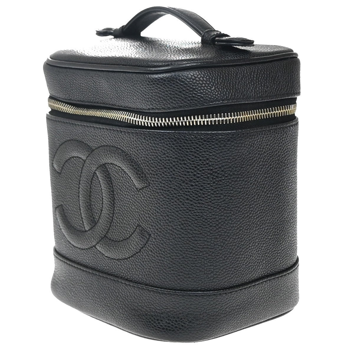 CHANEL CC Logo Vanity Hand Bag Grained Calfskin Leather Black Vintage 14RF886