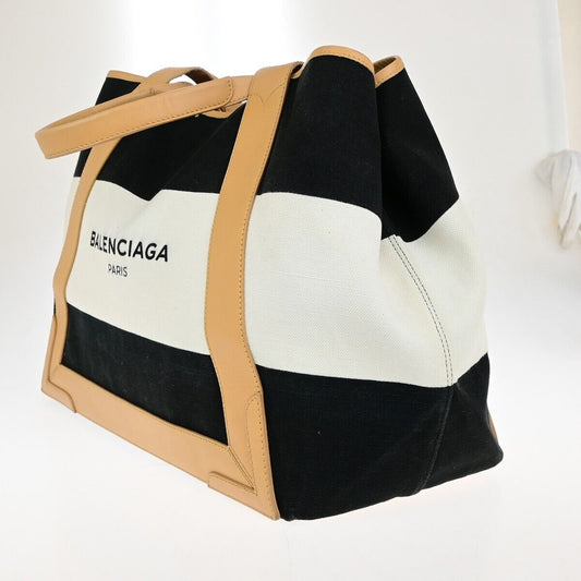 BALENCIAGA Logo Navy Cabas Shoulder Tote Bag Canvas Leather Black White 39EC740